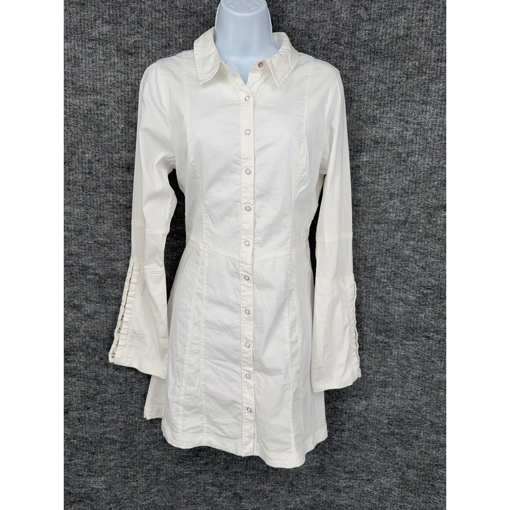 Free People Shirt Dress Womens XS White Collared Bell‎ Sleeve Snap Front Lined